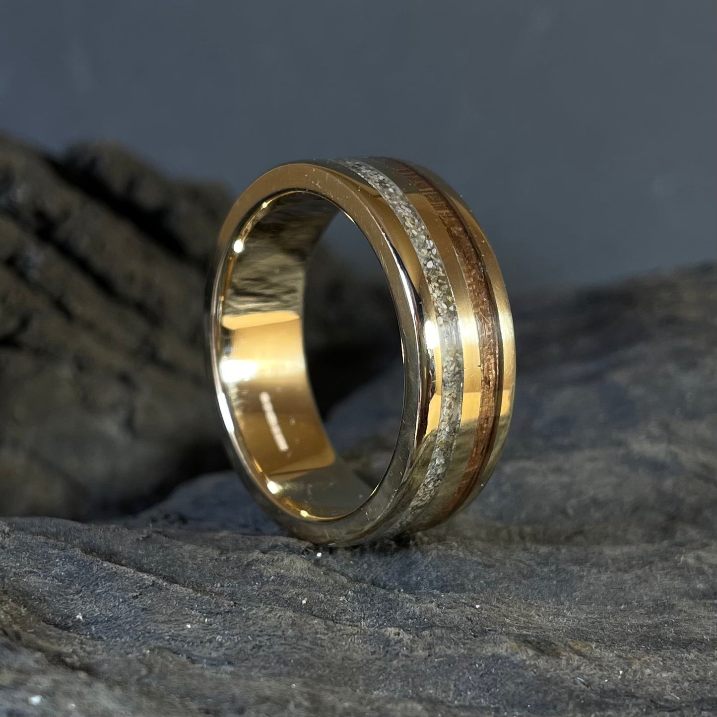 WW2 Ring: 9ct Gold, Lee Enfield Rifle Stock and Normandy Beach Sand