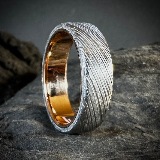 Dense Twist Damascus Steel Ring with 9ct Rose Gold Inside