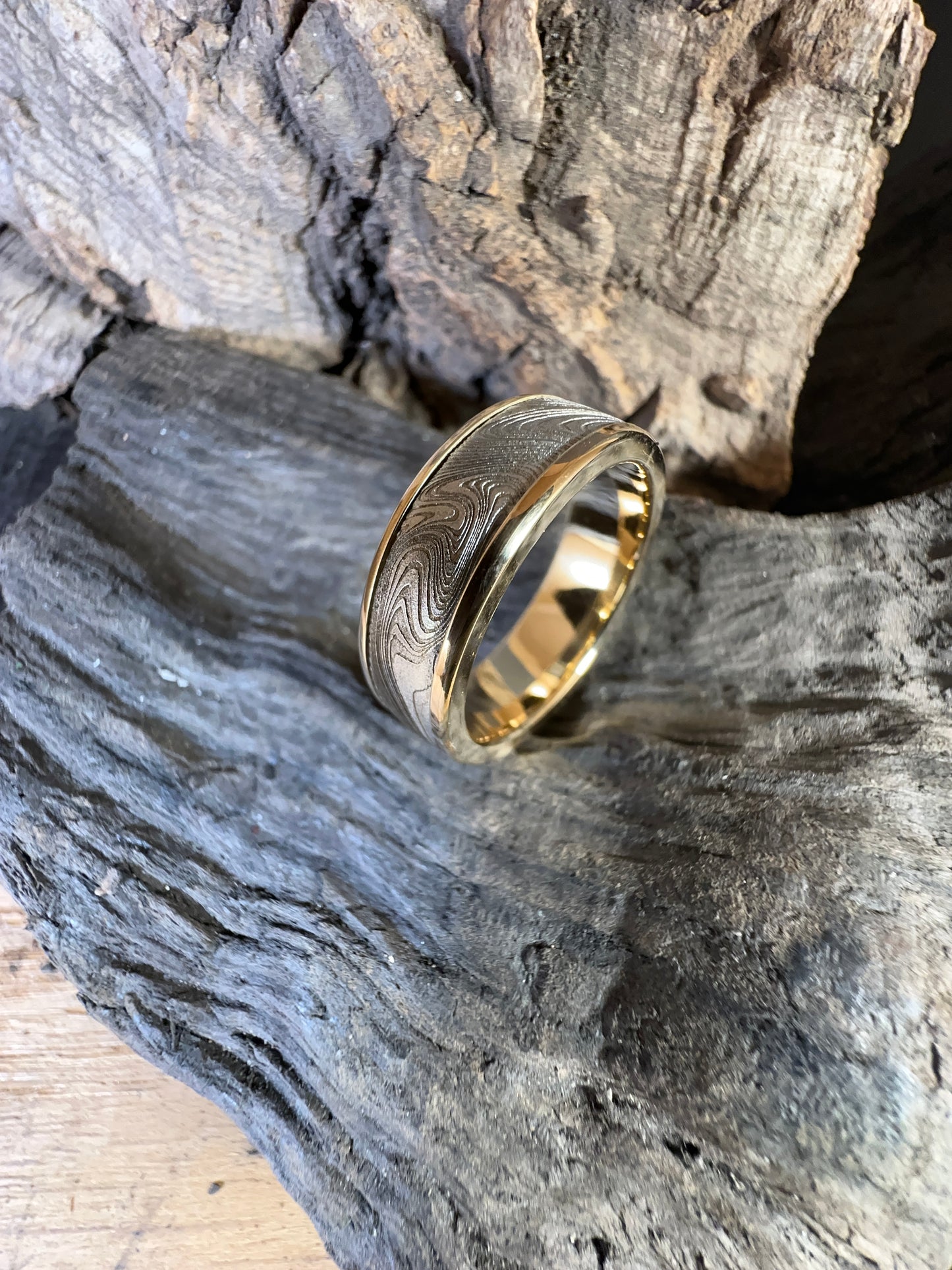 Kona Damascus Steel Ring with 9ct Gold Core