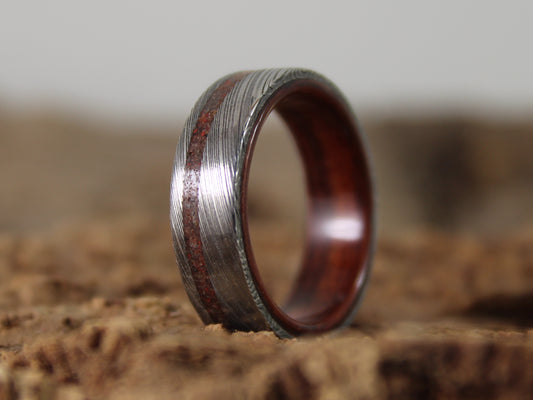 Damascus Steel Ring with Kingwood and Dinosaur Bone