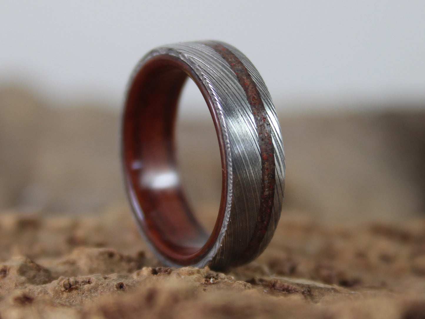 Damascus Steel Ring with Kingwood and Dinosaur Bone