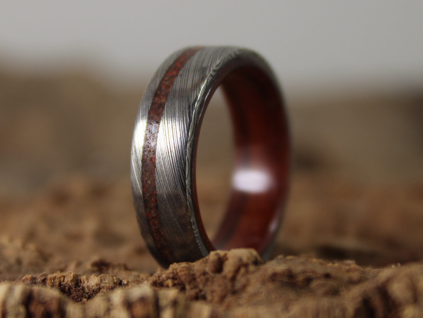 Damascus Steel Ring with Kingwood and Dinosaur Bone