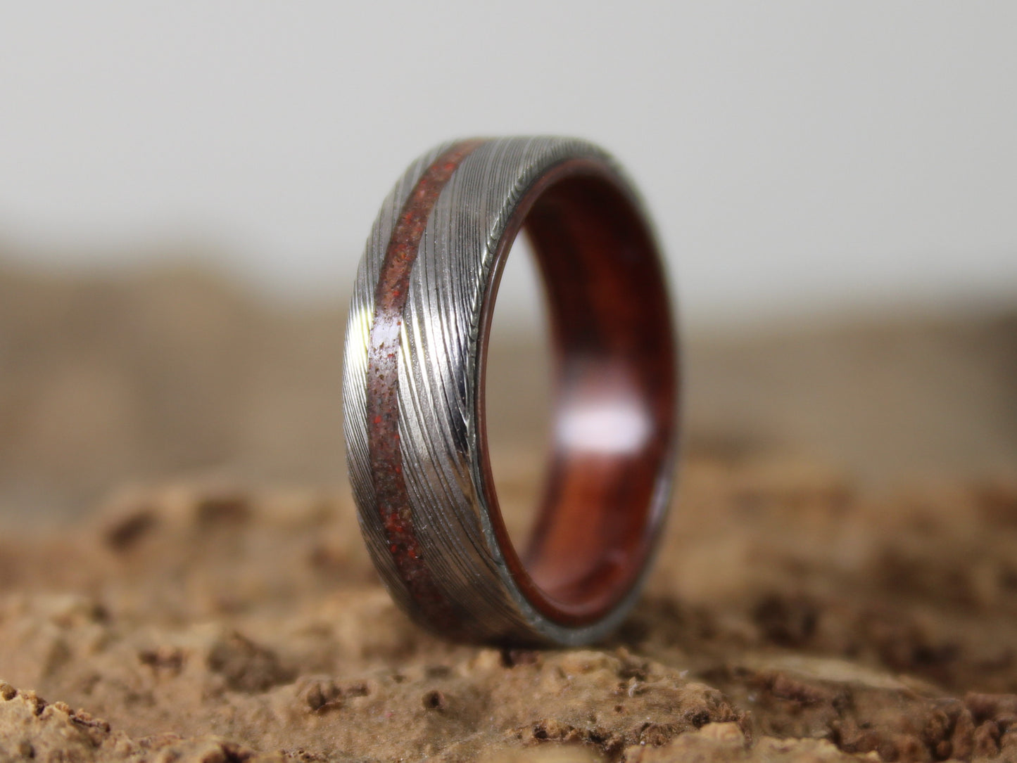 Damascus Steel Ring with Kingwood and Dinosaur Bone