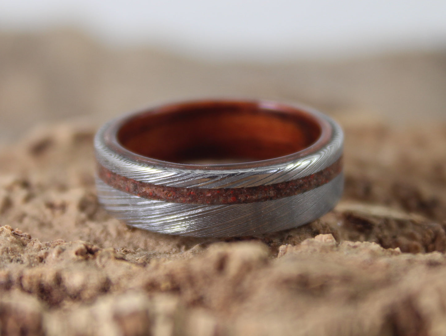 Damascus Steel Ring with Kingwood and Dinosaur Bone