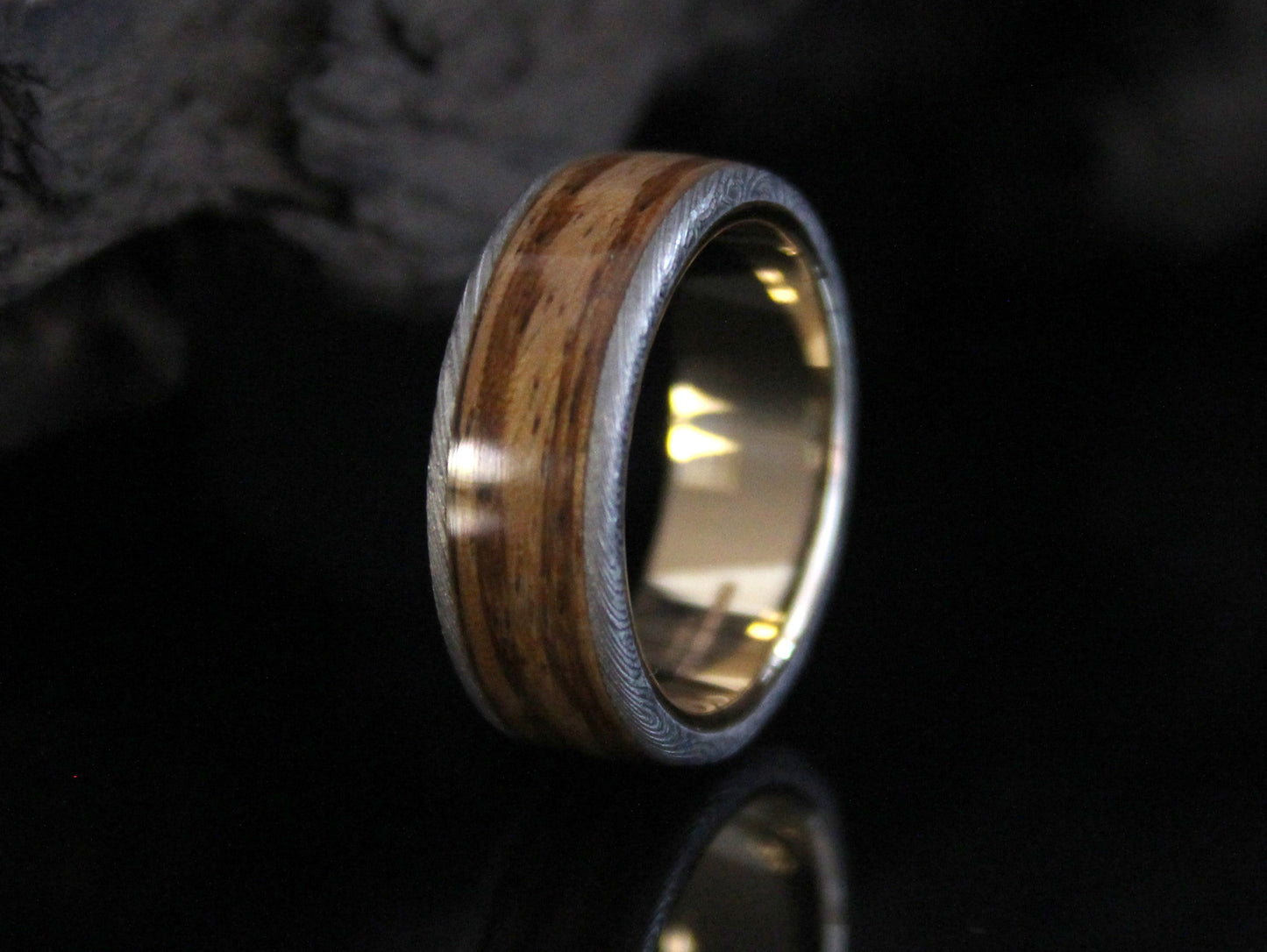 Gold & Damascus Steel Ring with Zebra Wood