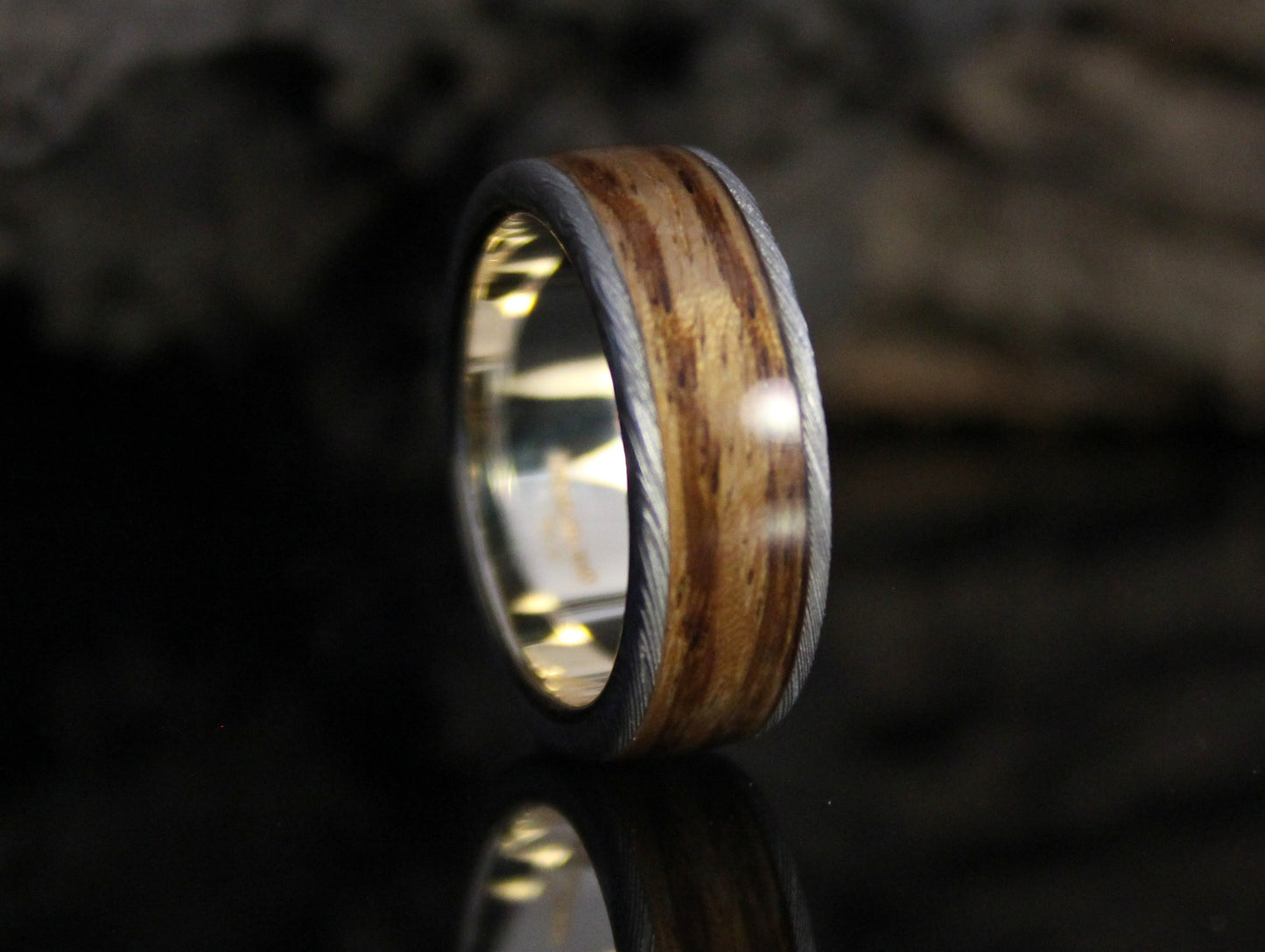 Gold & Damascus Steel Ring with Zebra Wood