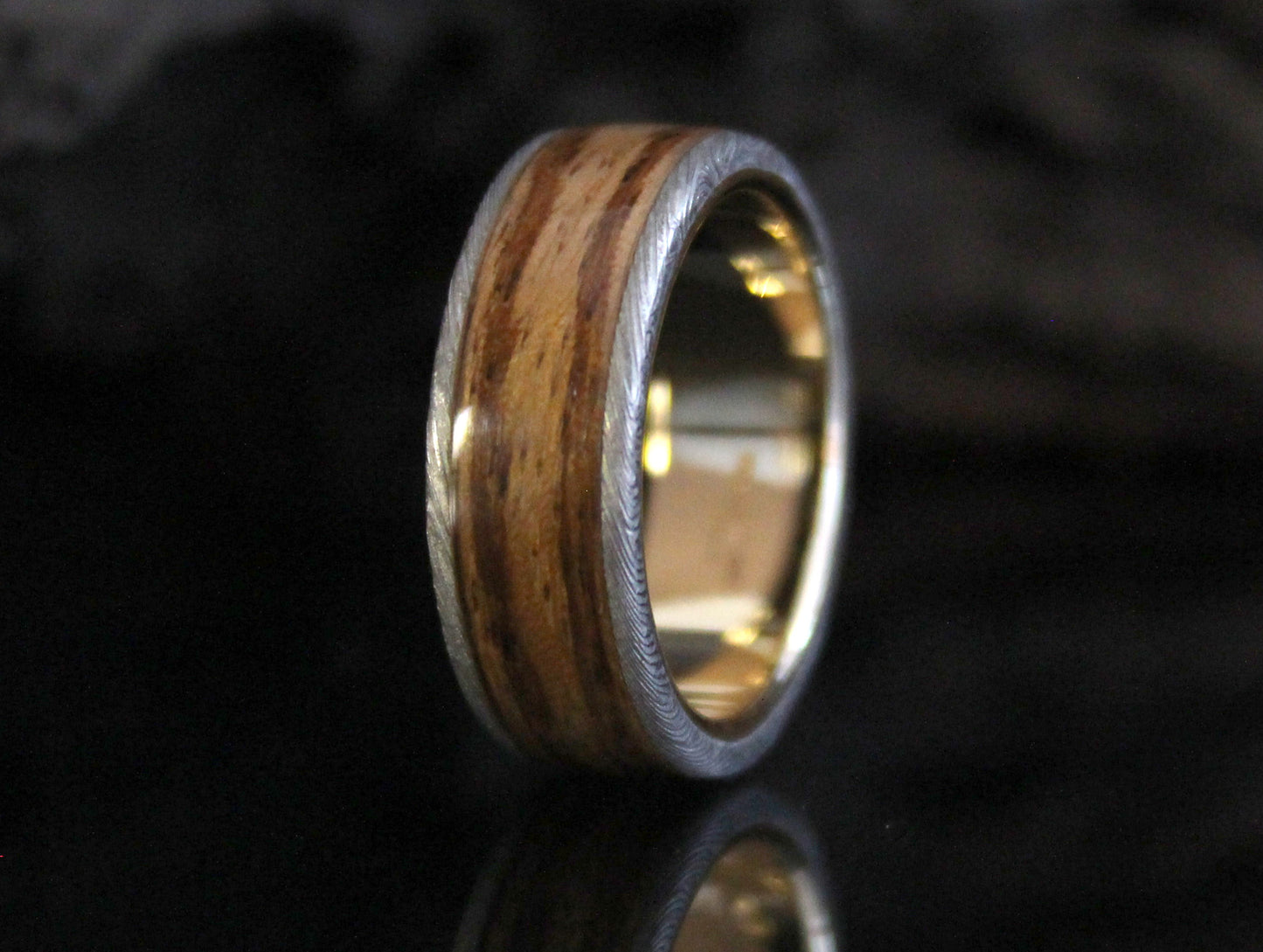 Gold & Damascus Steel Ring with Zebra Wood