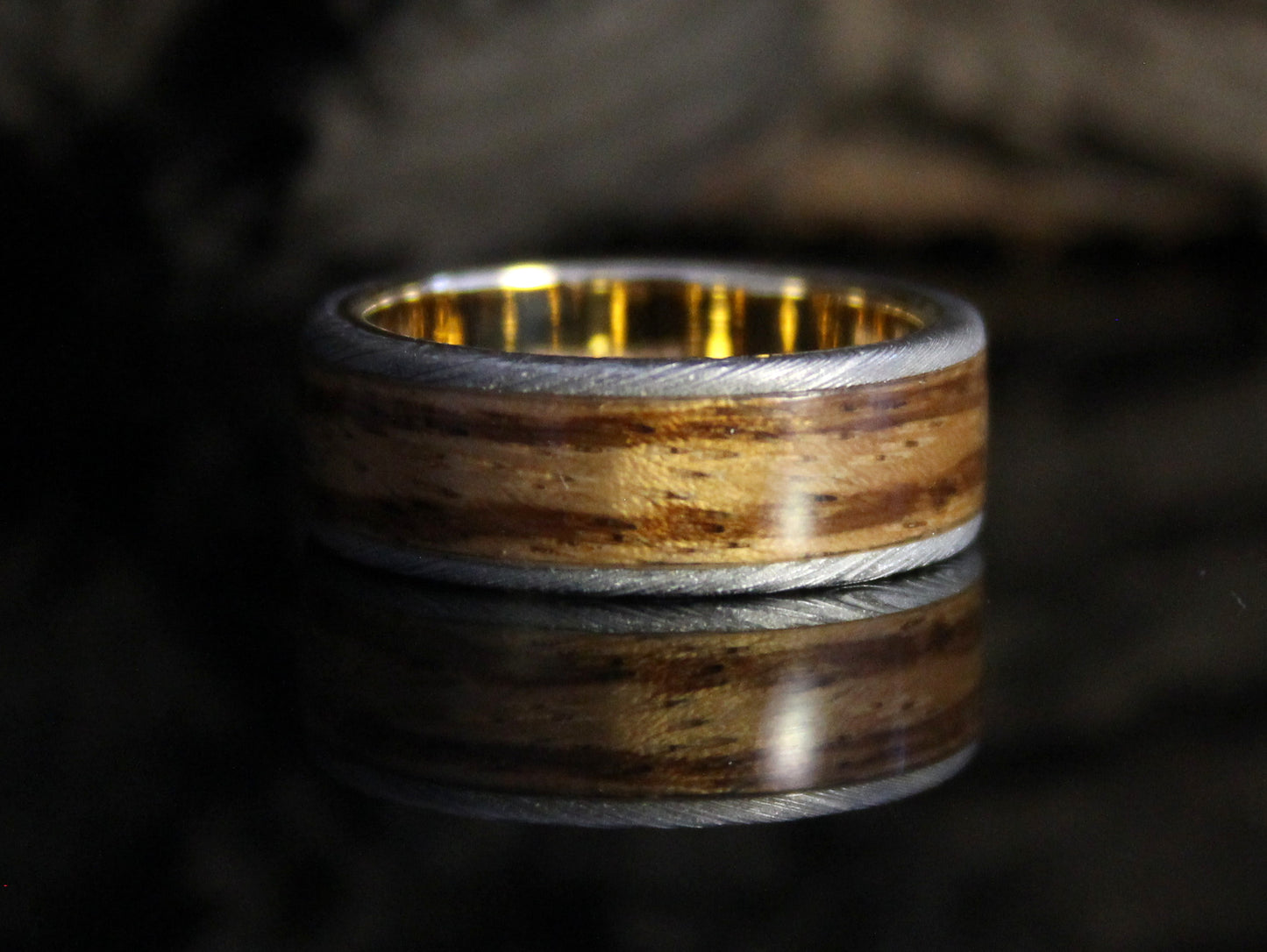 Gold & Damascus Steel Ring with Zebra Wood