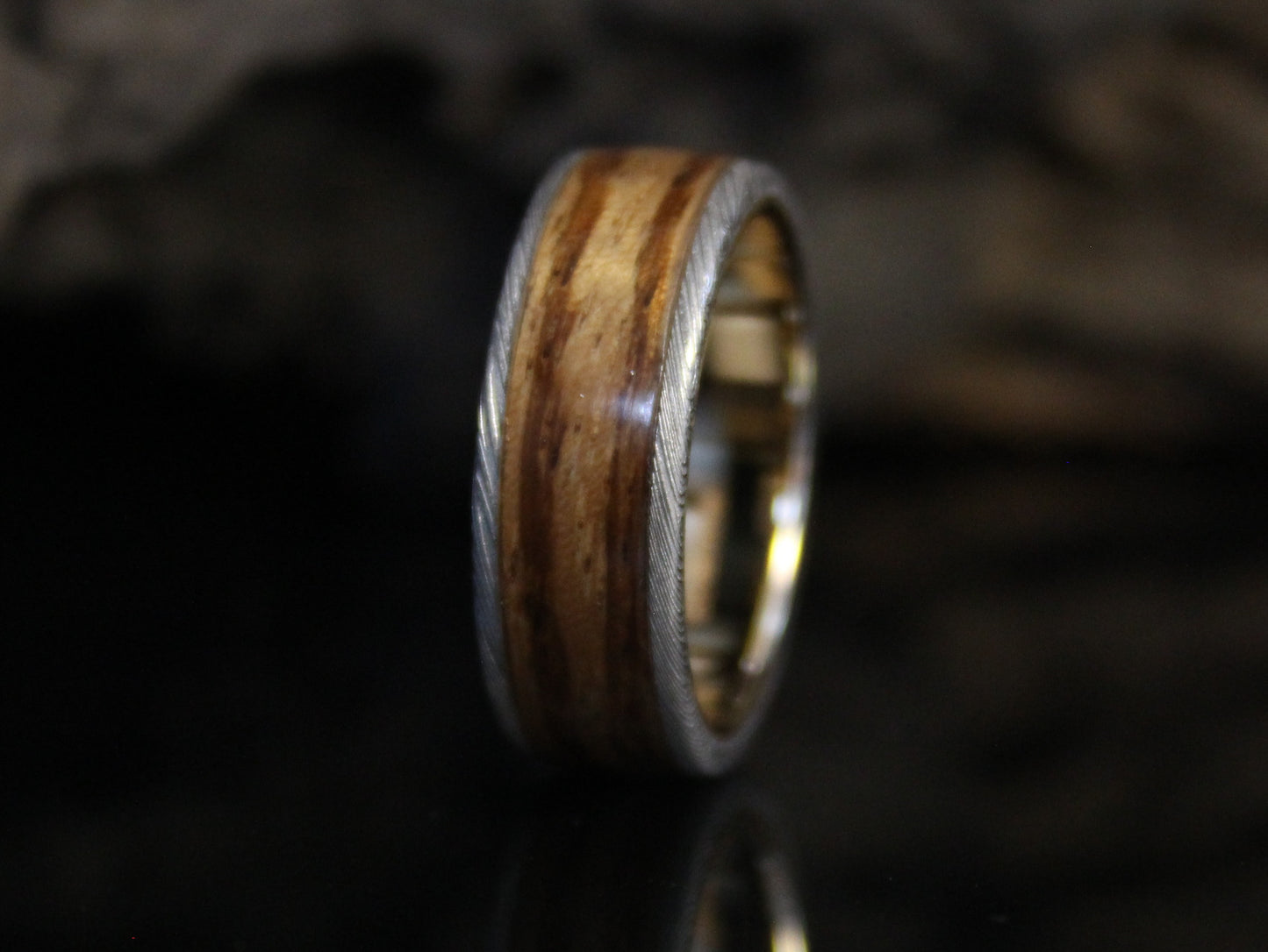 Gold & Damascus Steel Ring with Zebra Wood