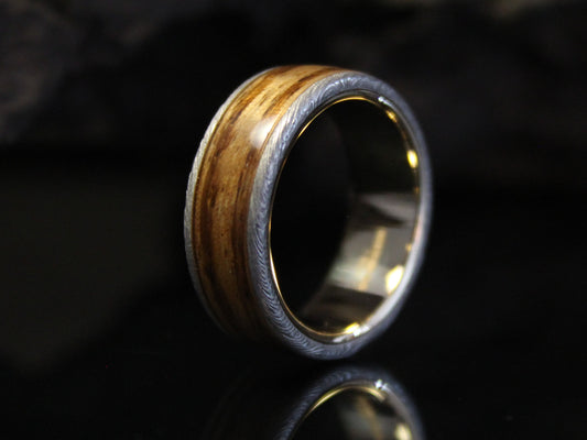 Gold & Damascus Steel Ring with Zebra Wood