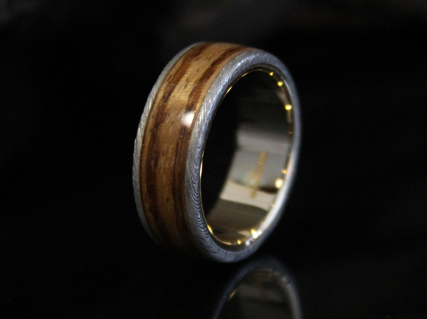 Gold & Damascus Steel Ring with Zebra Wood