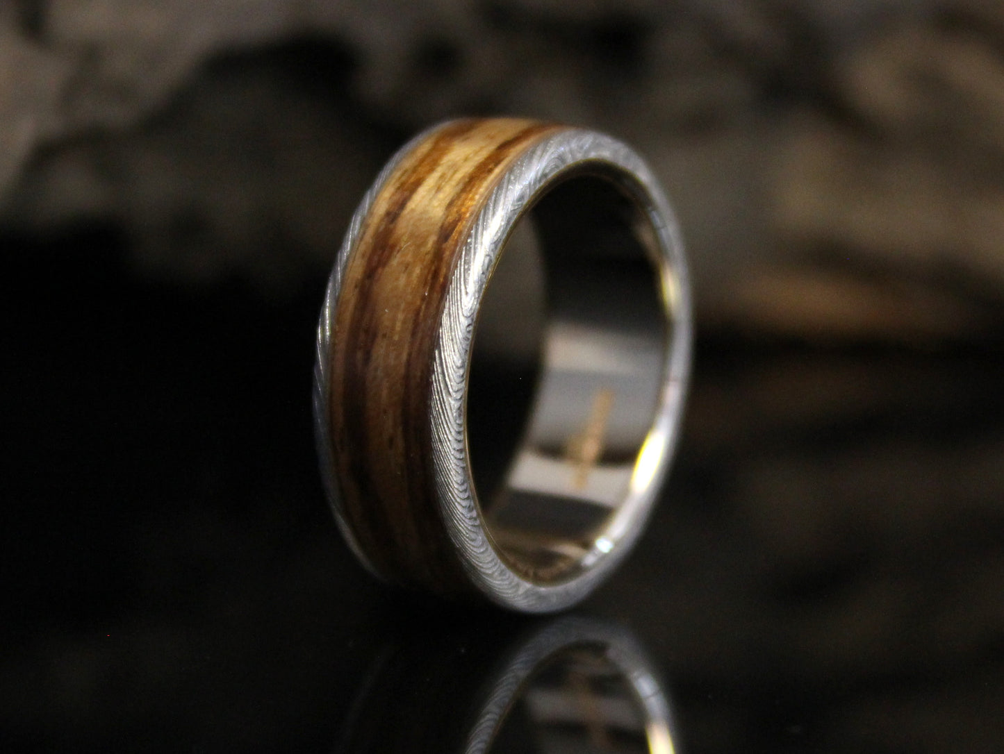 Gold & Damascus Steel Ring with Zebra Wood