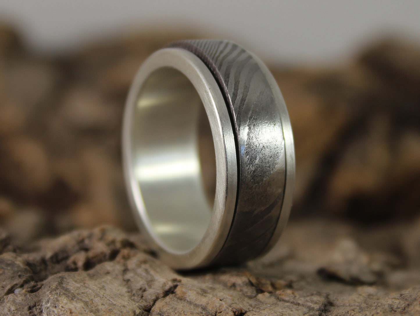 Silver & Damascus Steel Spinner Ring