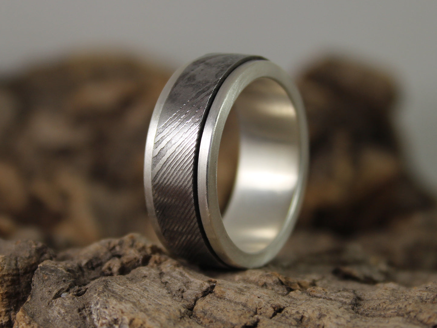 Silver & Damascus Steel Spinner Ring