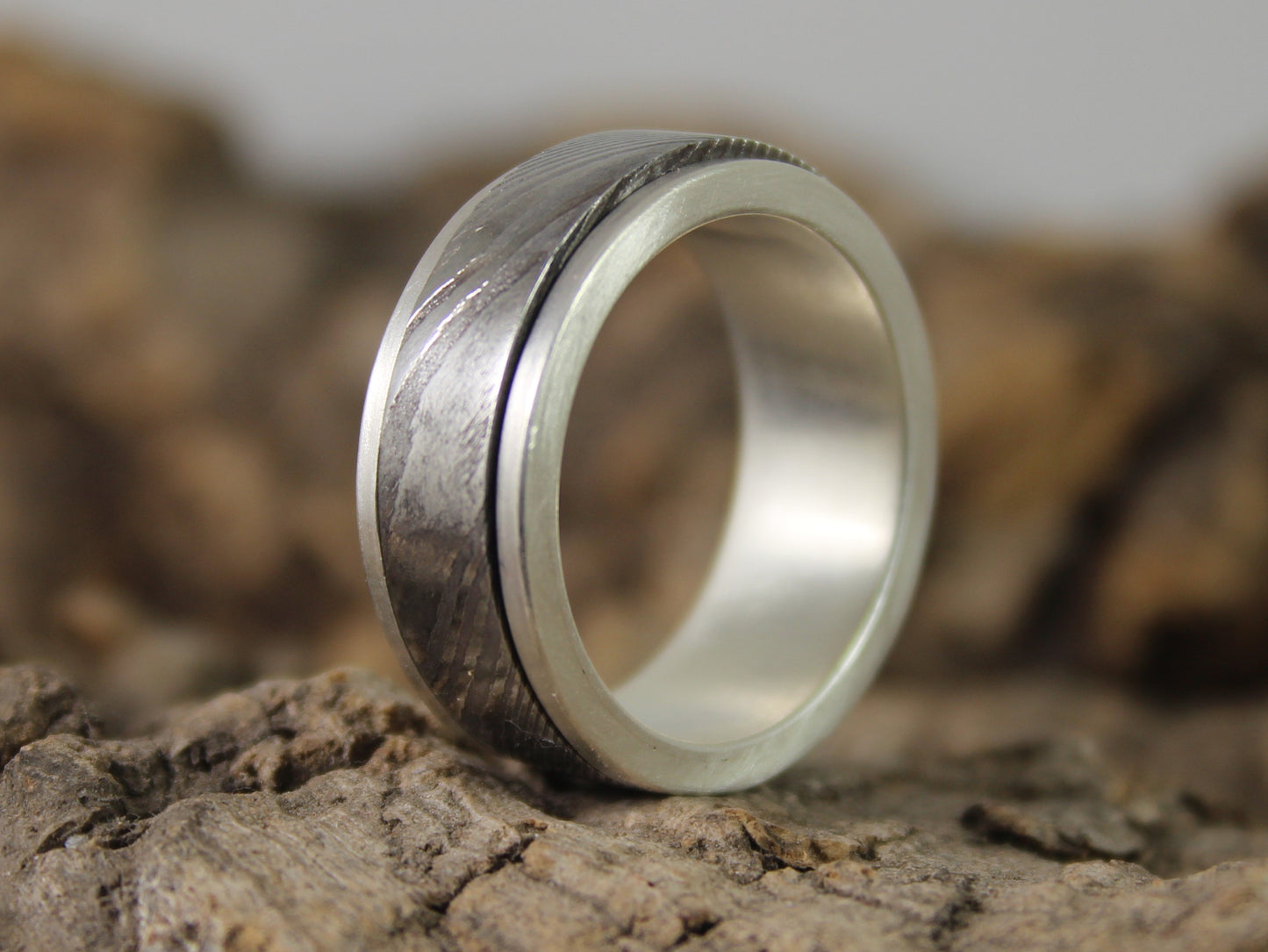 Silver & Damascus Steel Spinner Ring
