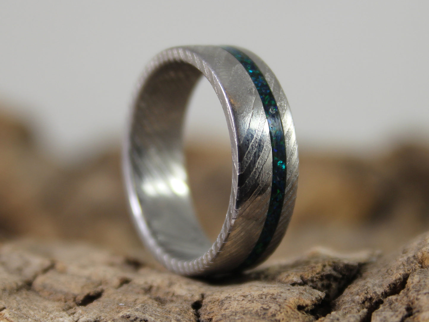Damascus Steel Ring with Green Opal