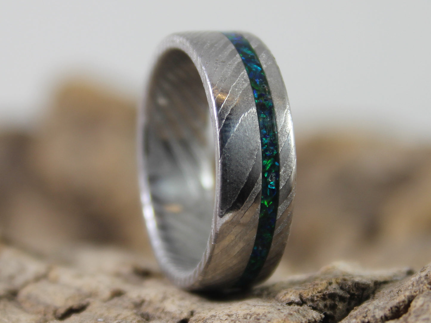 Damascus Steel Ring with Green Opal
