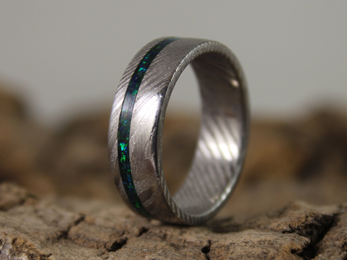 Damascus Steel Ring with Green Opal