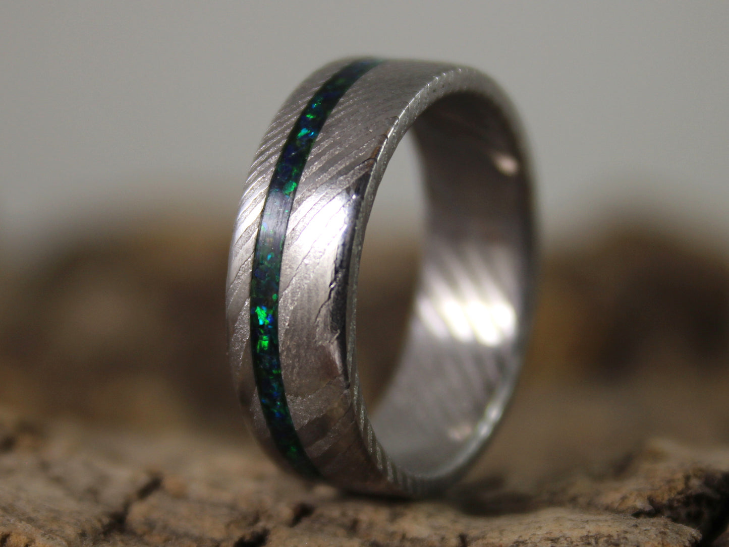 Damascus Steel Ring with Green Opal