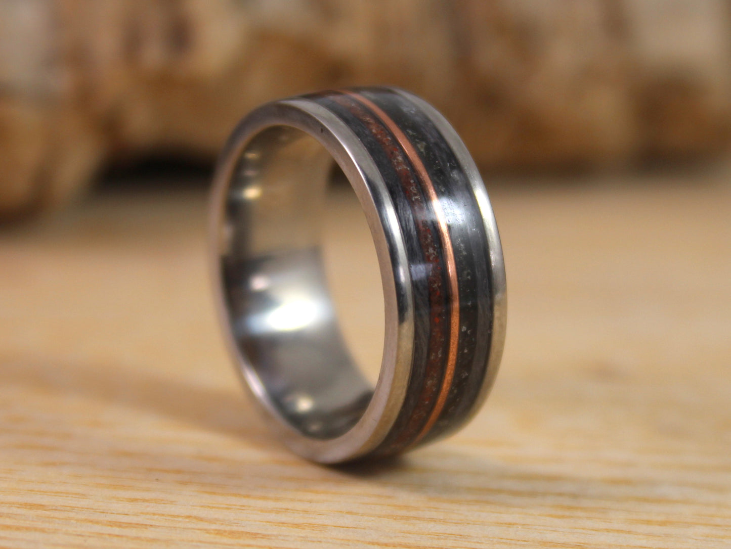 Steel Ring with Dinosaur Bone, Tektite Meteorite, Grey Maple and a Copper