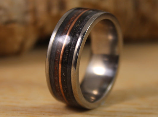 Steel Ring with Dinosaur Bone, Tektite Meteorite, Grey Maple and a Copper
