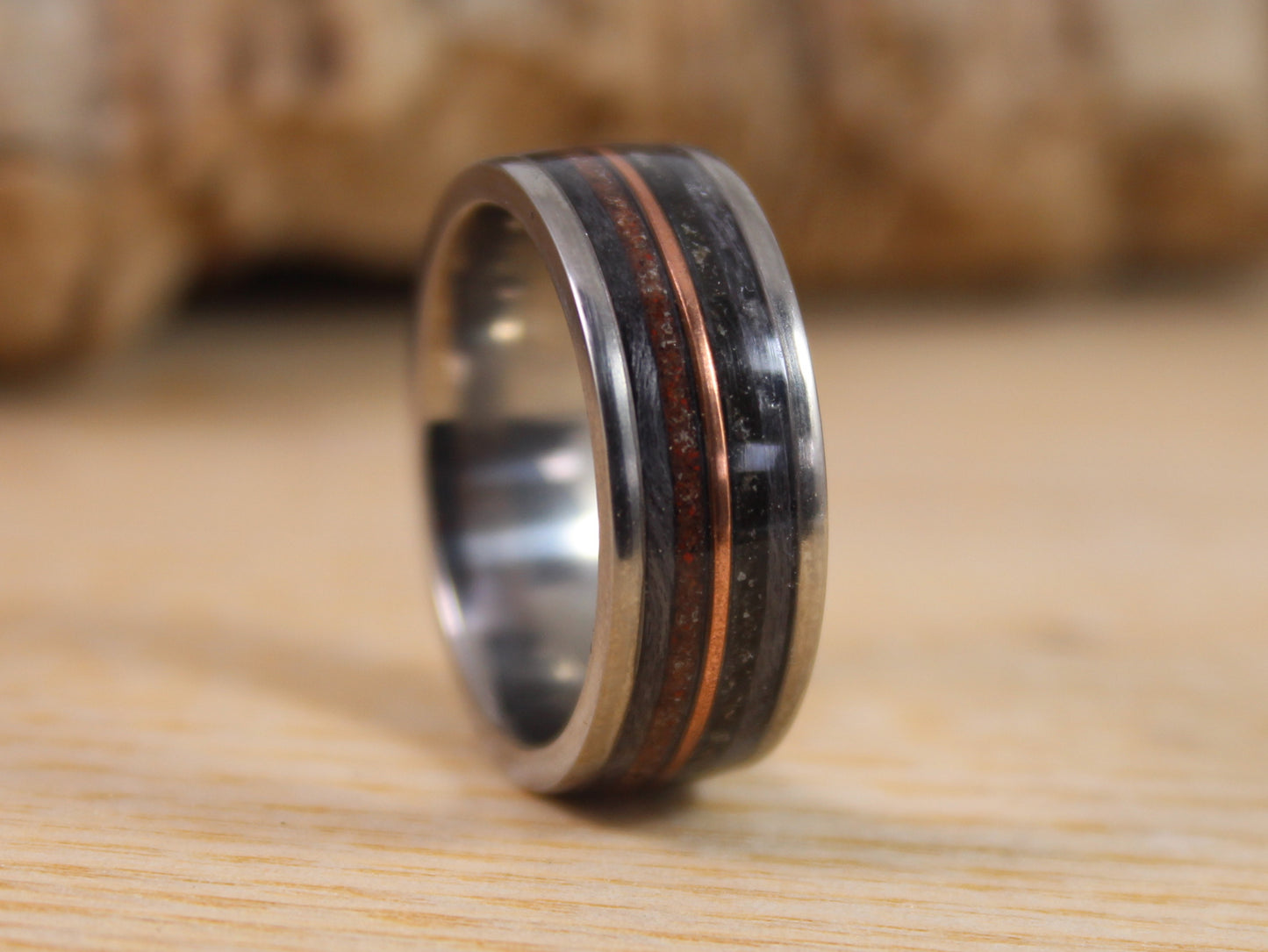 Steel Ring with Dinosaur Bone, Tektite Meteorite, Grey Maple and a Copper
