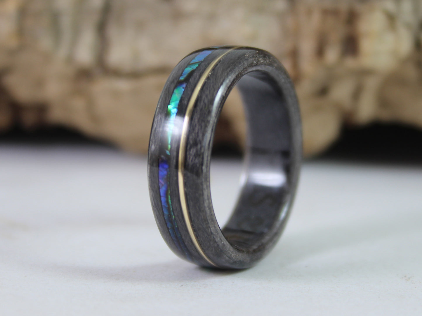 Grey Maple with Gold and Paua Abalone Bent Wood Ring