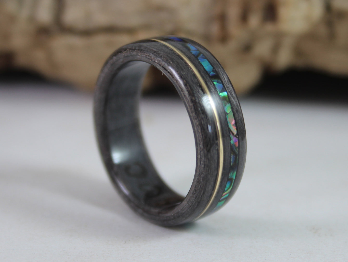 Grey Maple with Gold and Paua Abalone Bent Wood Ring