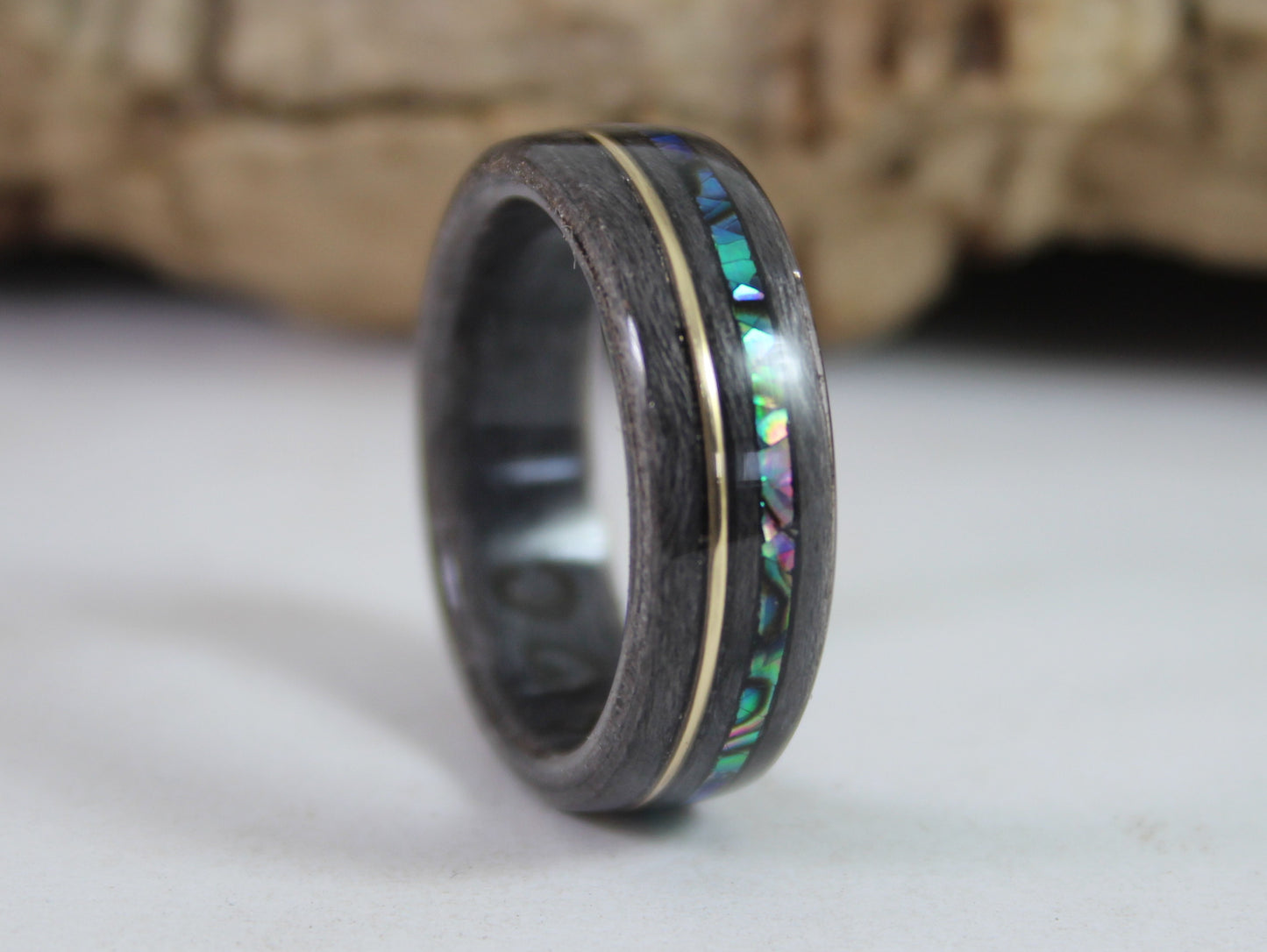 Grey Maple with Gold and Paua Abalone Bent Wood Ring