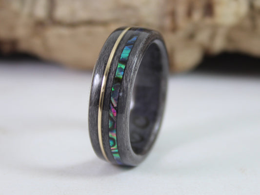 Grey Maple with Gold  and Paua Abalone Bent Wood Ring