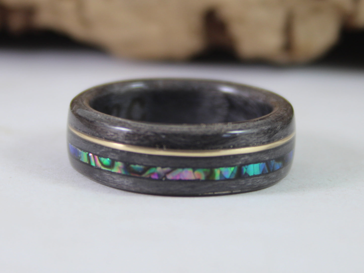 Grey Maple with Gold and Paua Abalone Bent Wood Ring