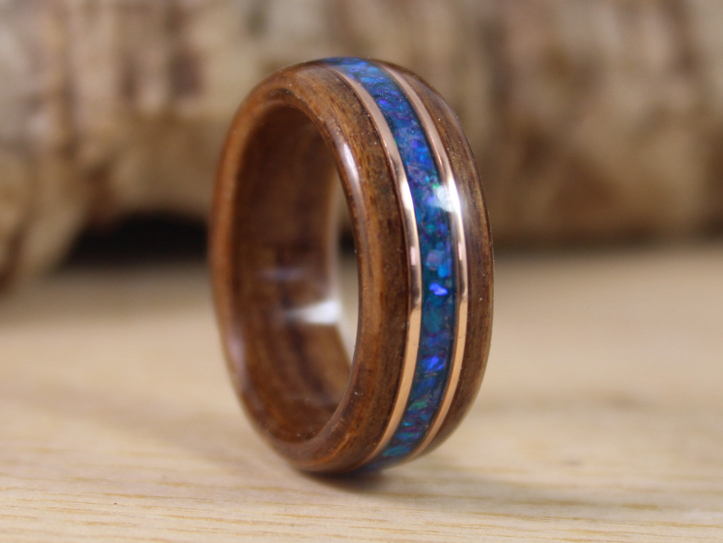 Rosewood Bent Wood Ring with Blue Opal and Rose Gold Pinstripes