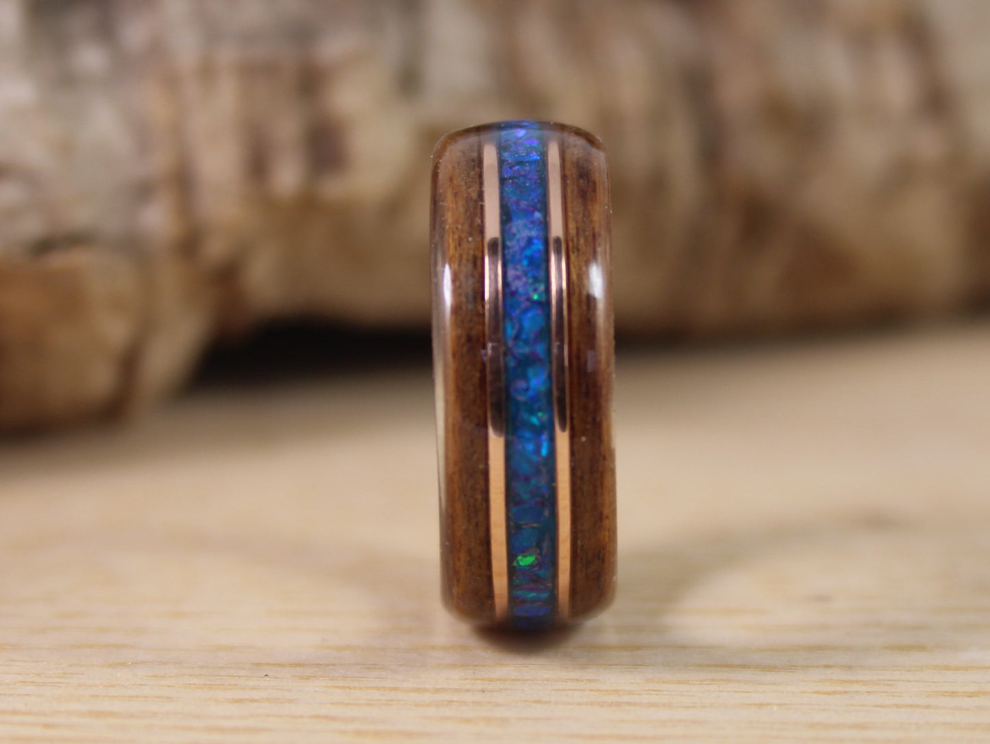 Rosewood Bent Wood Ring with Blue Opal and Rose Gold Pinstripes