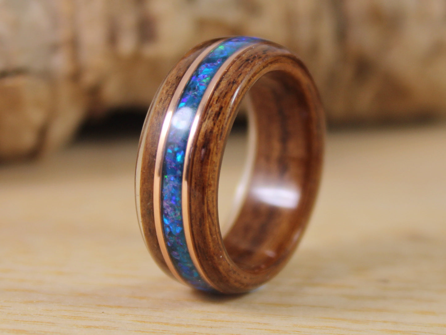 Rosewood Bent Wood Ring with Blue Opal and Rose Gold Pinstripes