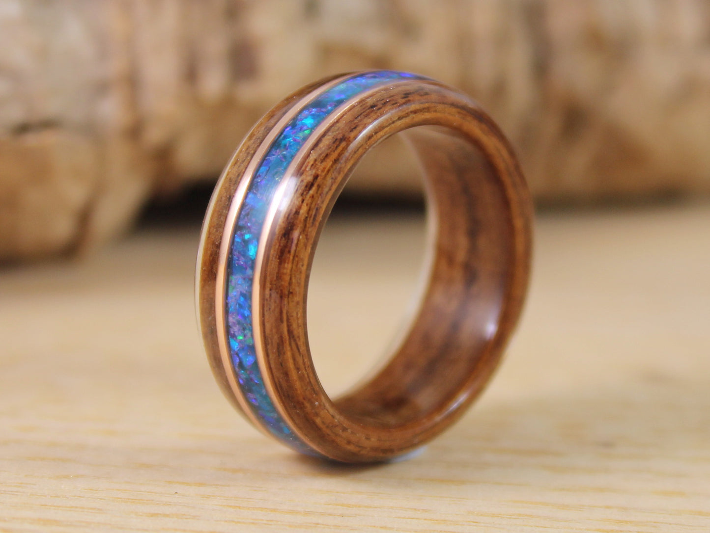 Rosewood Bent Wood Ring with Blue Opal and Rose Gold Pinstripes