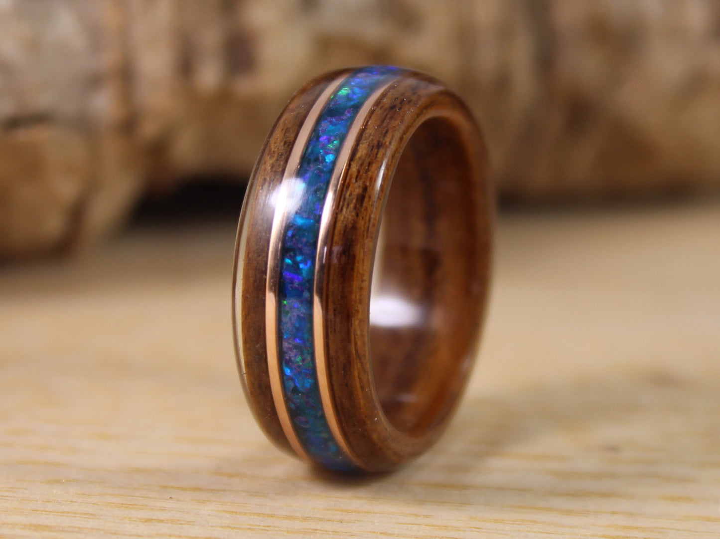 Rosewood Bent Wood Ring with Blue Opal and Rose Gold Pinstripes