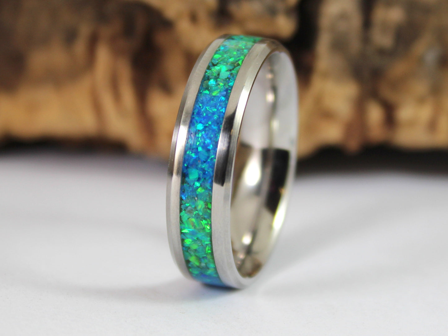 Steel Ring with Green and Blue Opal