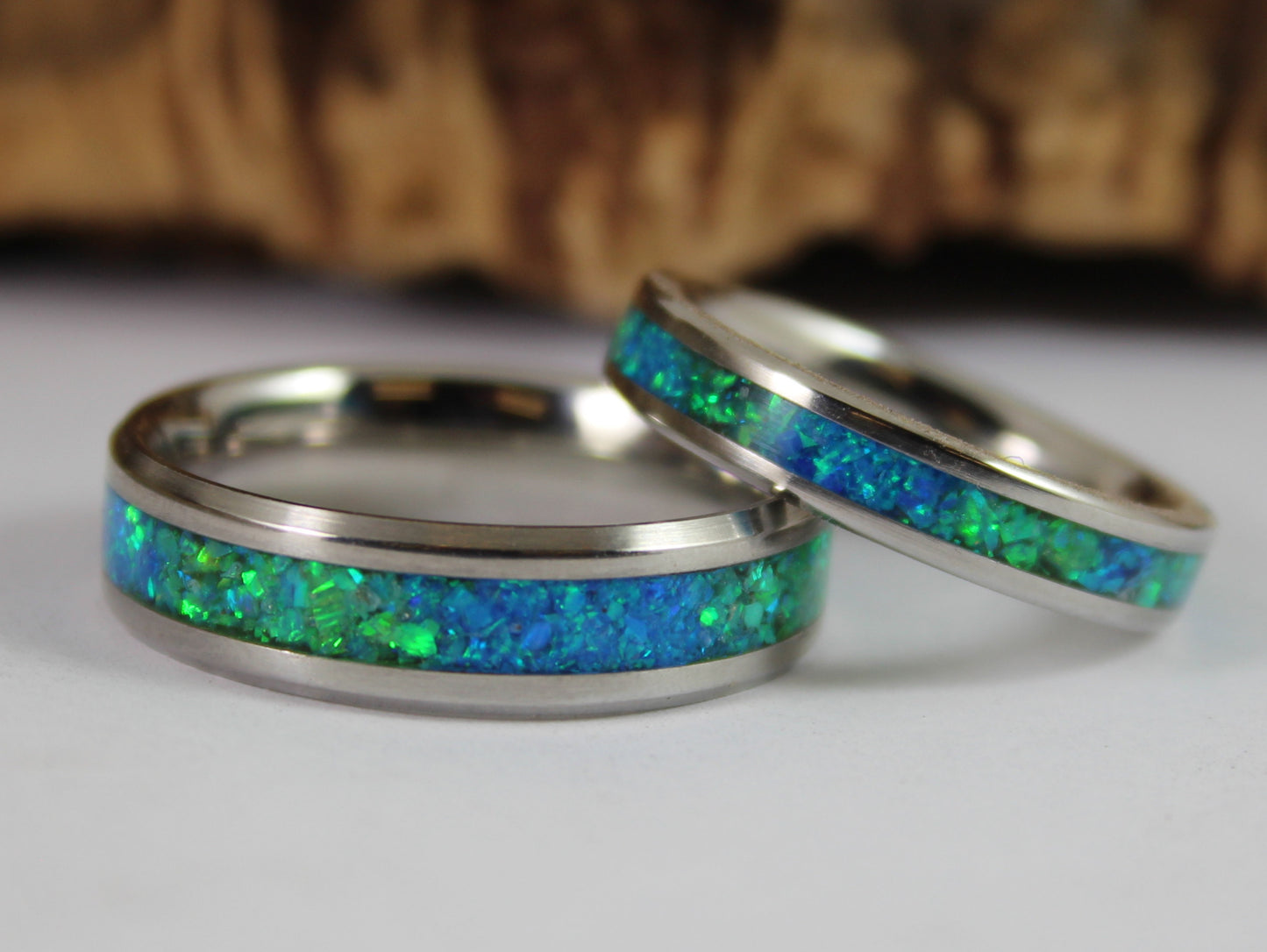 Steel Ring with Green and Blue Opal