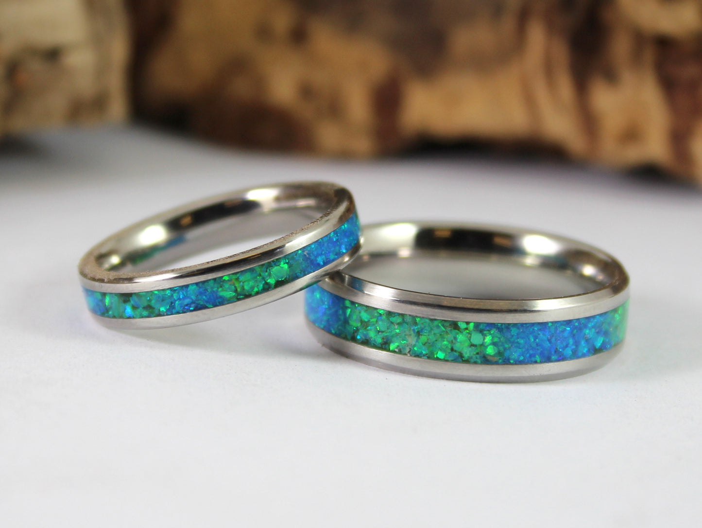 Steel Ring with Green and Blue Opal