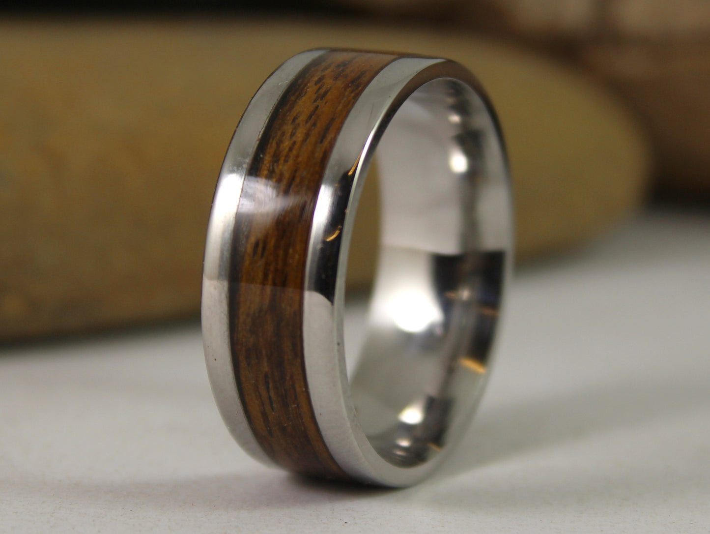 WW2 Ring: Stainless Steel with Lee Enfield Rifle Stock Inlay