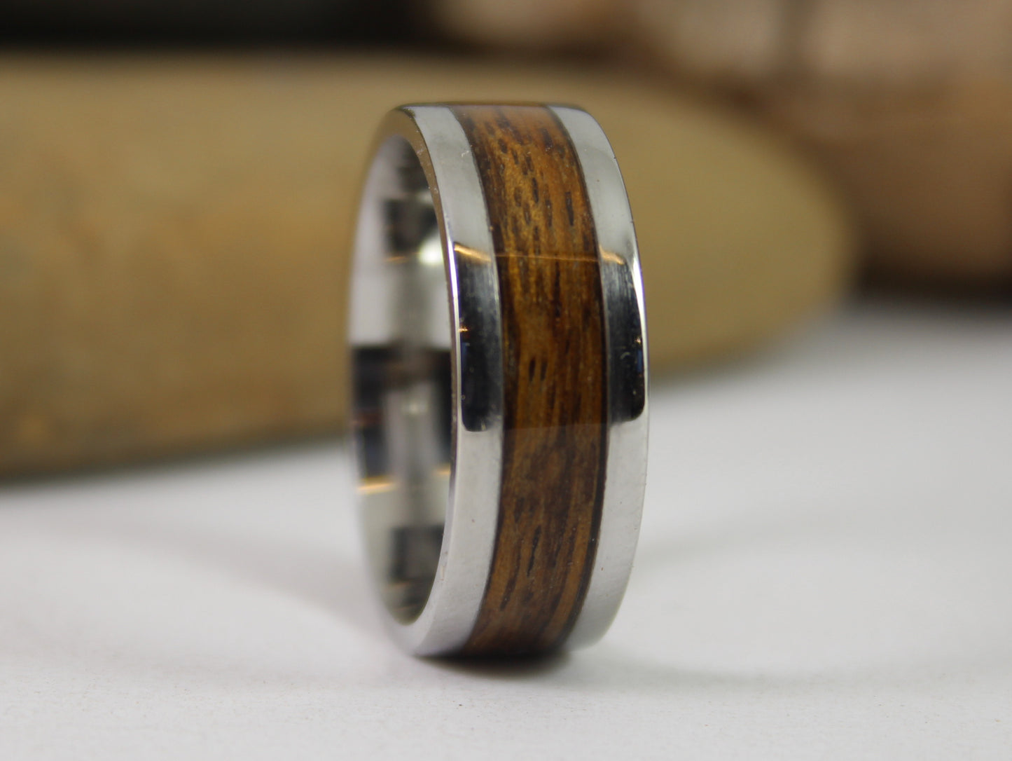 WW2 Ring: Stainless Steel with Lee Enfield Rifle Stock Inlay