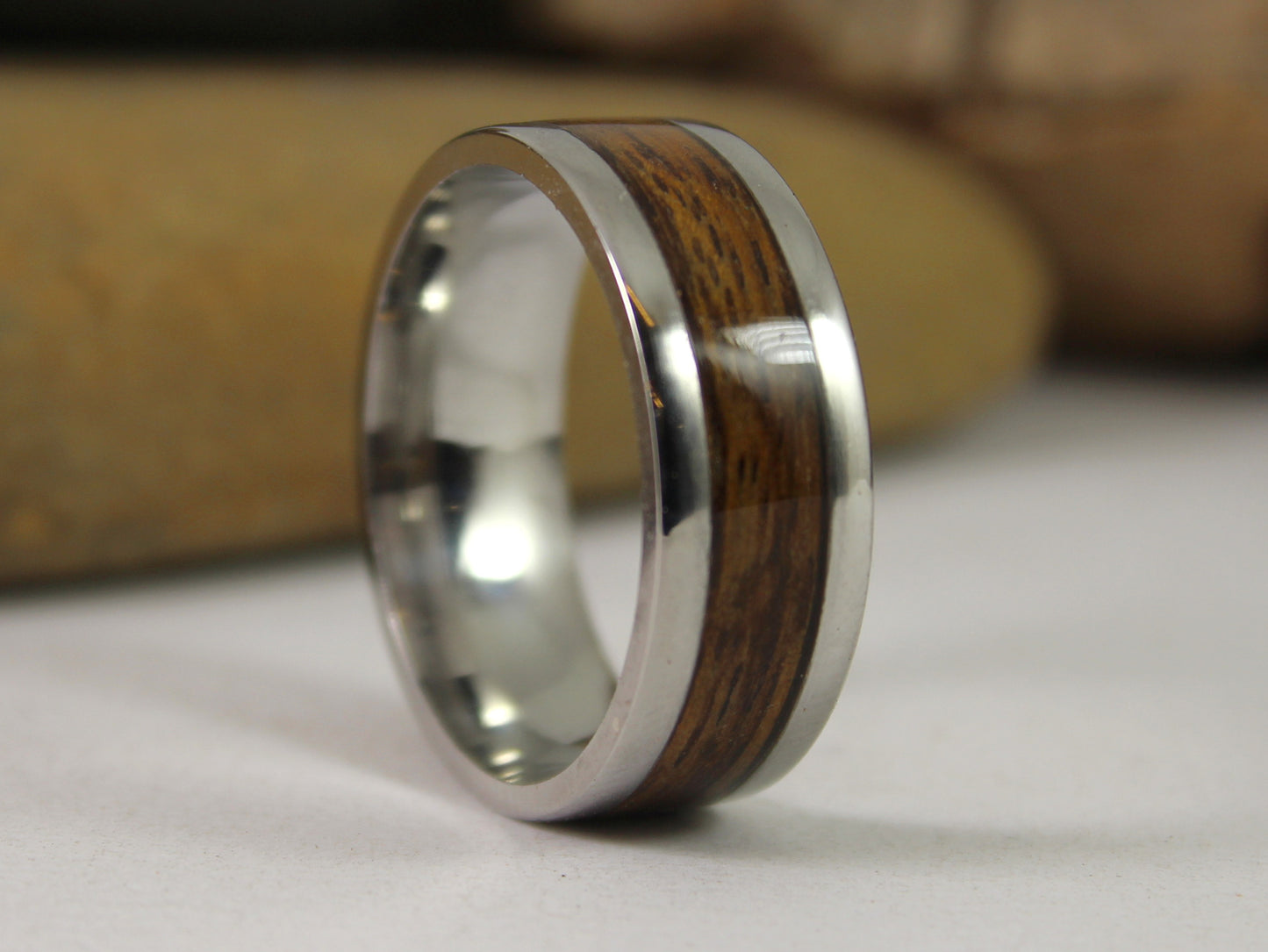 WW2 Ring: Stainless Steel with Lee Enfield Rifle Stock Inlay