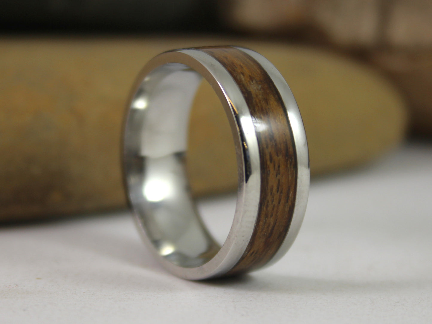 WW2 Ring: Stainless Steel with Lee Enfield Rifle Stock Inlay