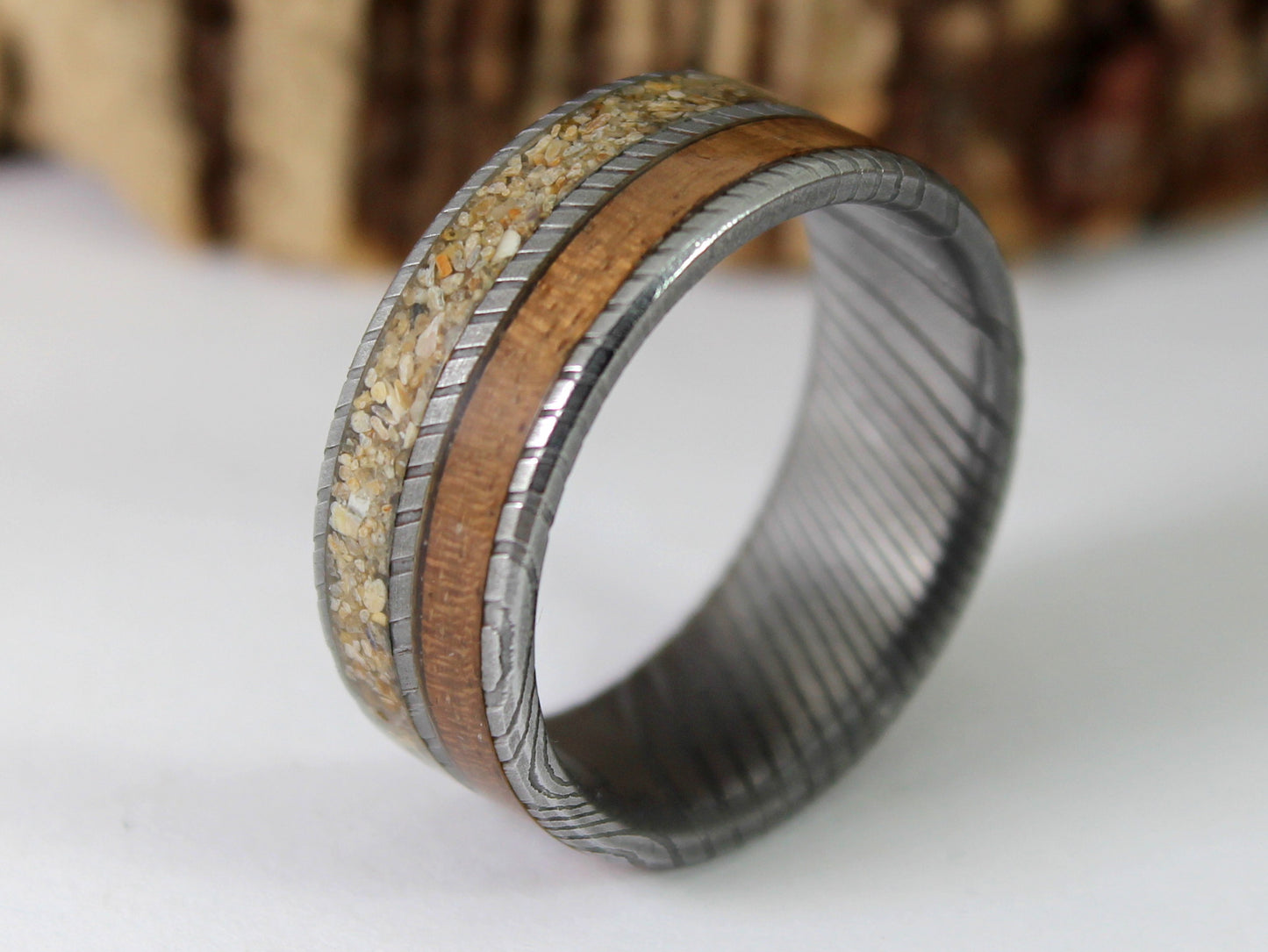 WW2 Ring: Damascus Steel, Lee Enfield Rifle Stock and Normandy Beach Sand