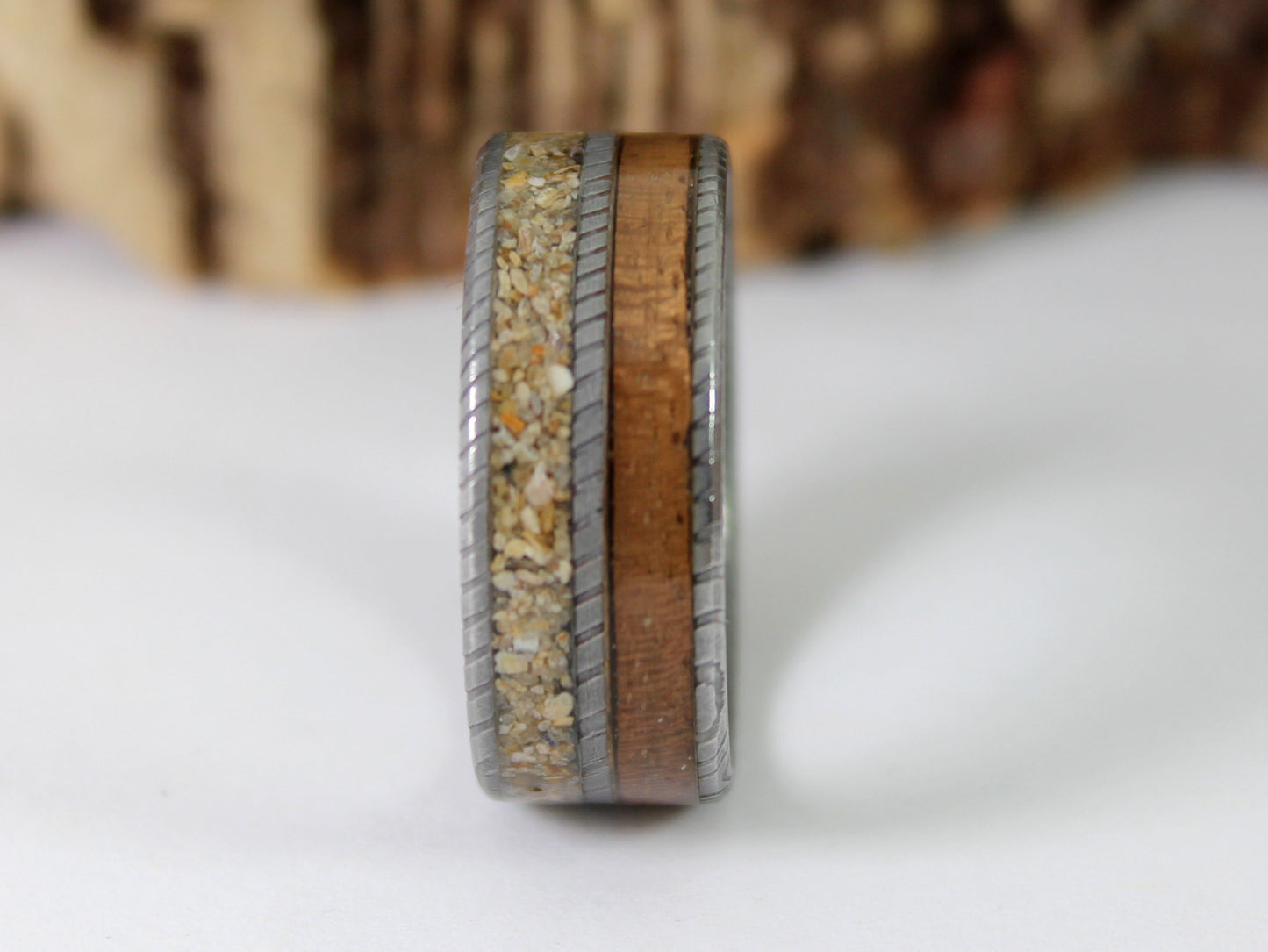 WW2 Ring: Damascus Steel, Lee Enfield Rifle Stock and Normandy Beach Sand