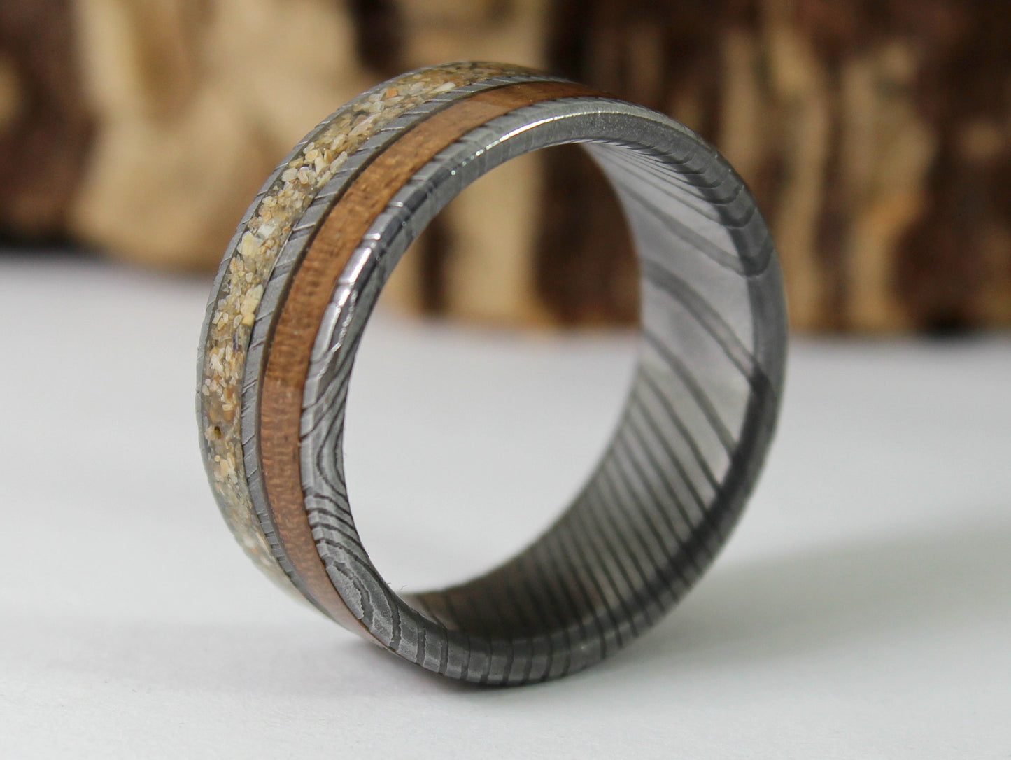 WW2 Ring: Damascus Steel, Lee Enfield Rifle Stock and Normandy Beach Sand