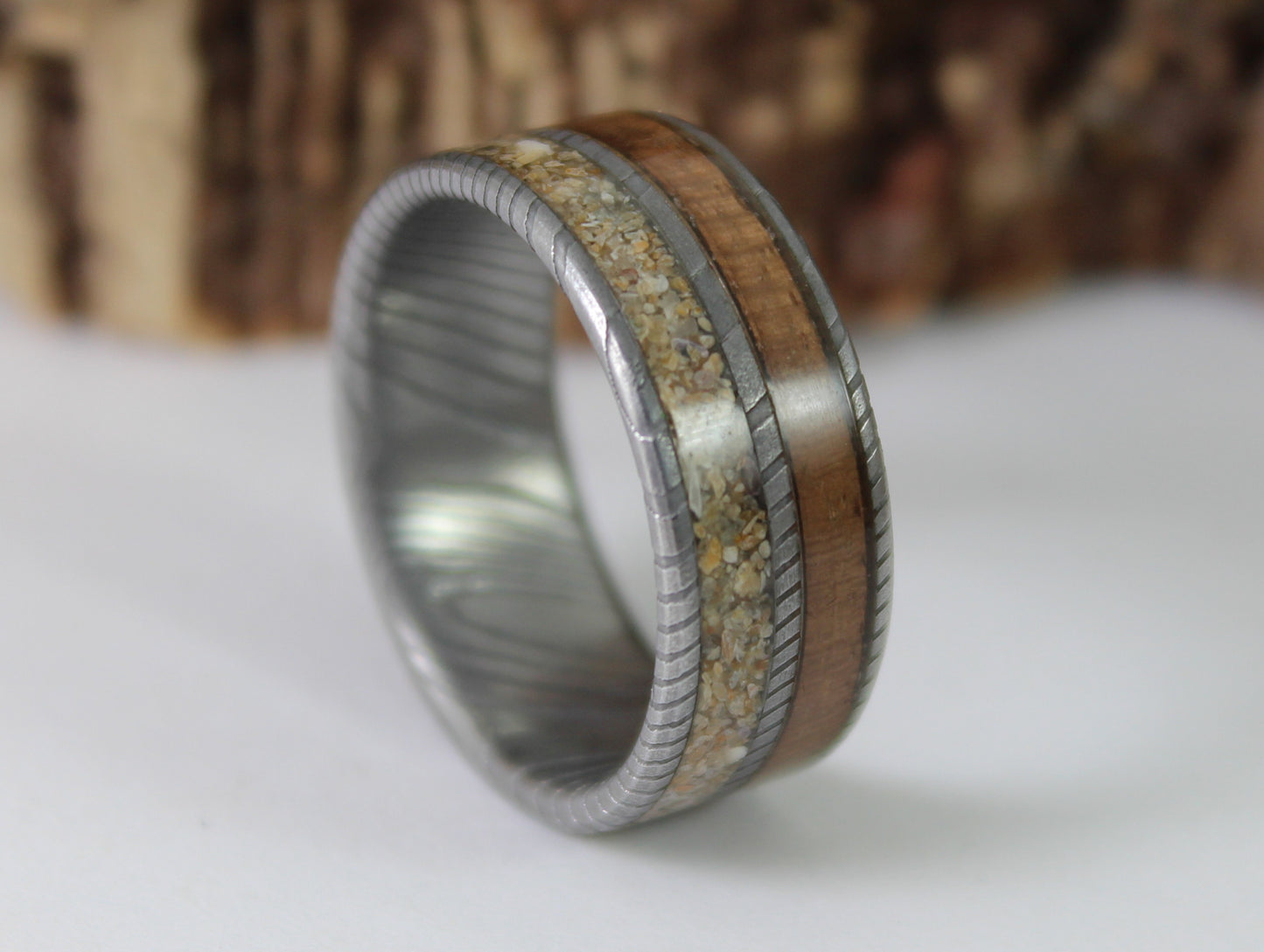 WW2 Ring: Damascus Steel, Lee Enfield Rifle Stock and Normandy Beach Sand