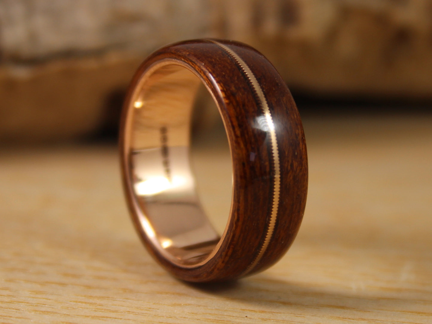 Rose Gold and Wood Ring With Acoustic Guitar String