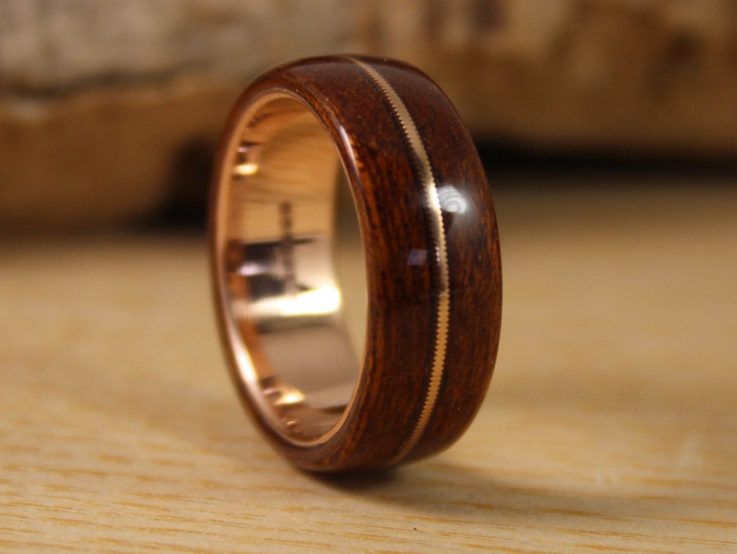 Rose Gold and Wood Ring With Acoustic Guitar String