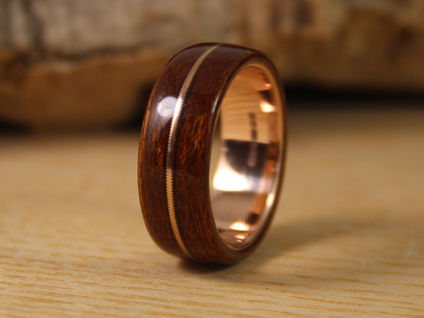 Rose Gold and Wood Ring With Acoustic Guitar String